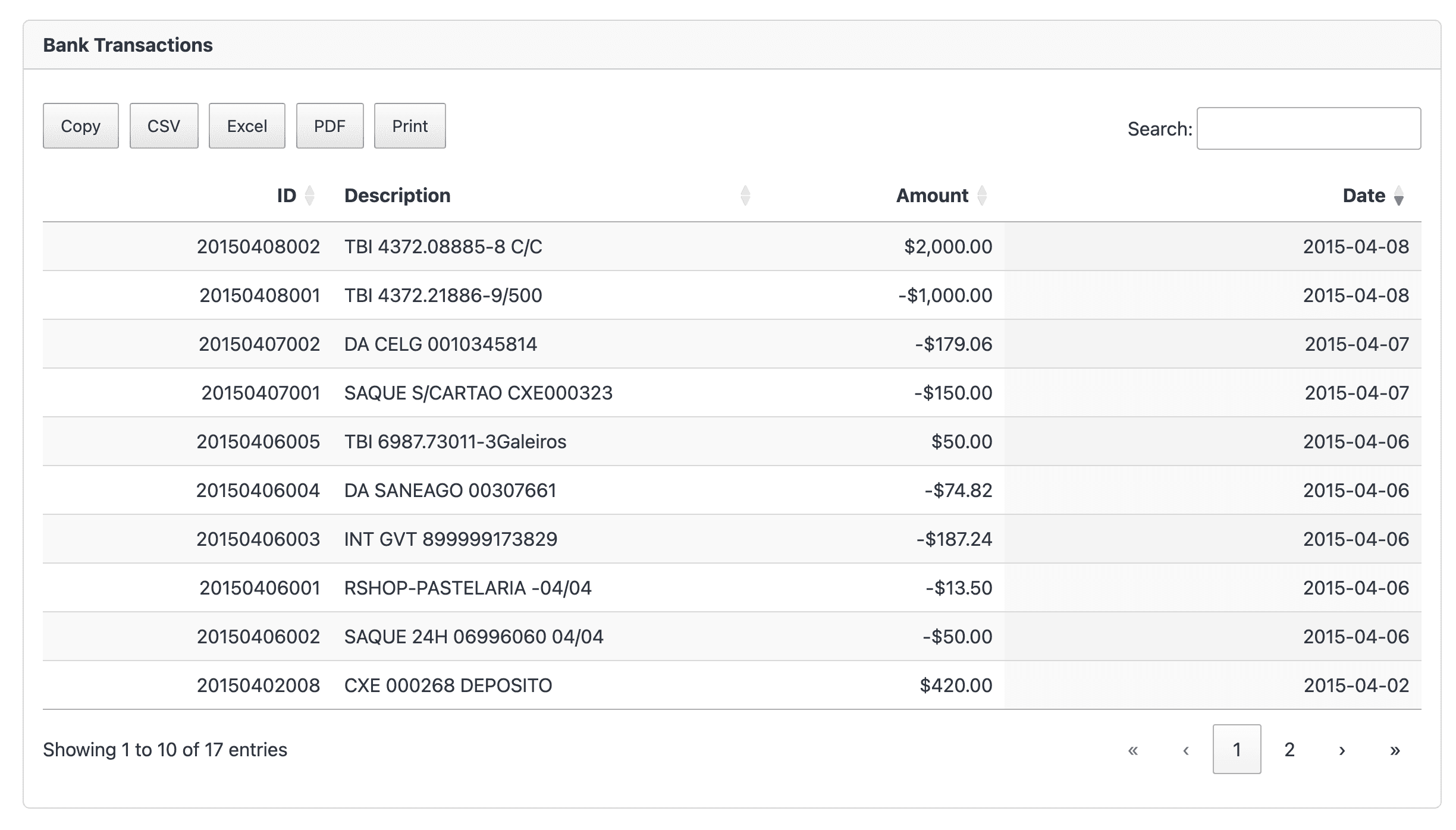 OFX Converter showing a table of bank transactions with export buttons for CSV, Excel and PDF